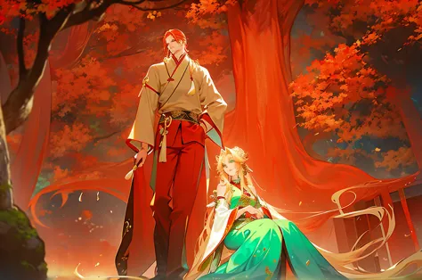 A tall, cool man with long blond hair brushing a beautiful red-haired girl with green eyes and loose waves、Ancient Chinese style clothing and pants