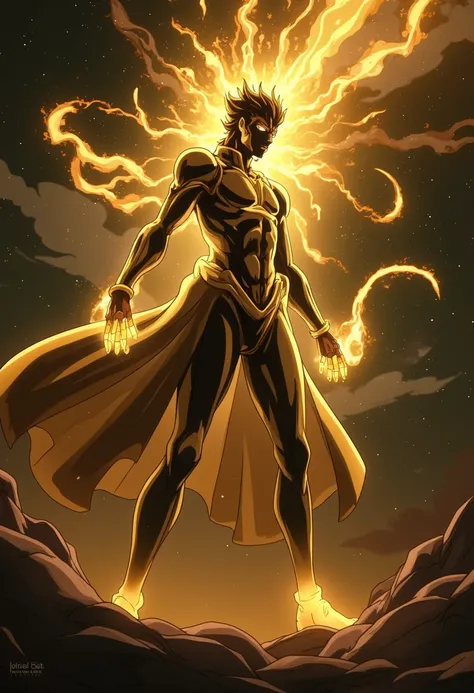 "A humanoid Stand with an imposing cosmic appearance, radiating a mix of intense golden light and deep black darkness. Its body constantly shifts between luminous brilliance and abyssal void, resembling the collision of a supernova and a black hole. Its ey...