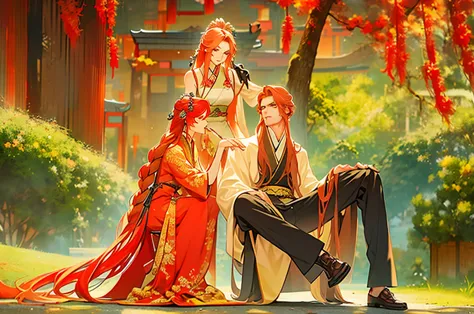 A tall, cool guy with long blond hair brushing a beautiful girl with green eyes and loose waves of red hair、Ancient Chinese style black clothes and pants