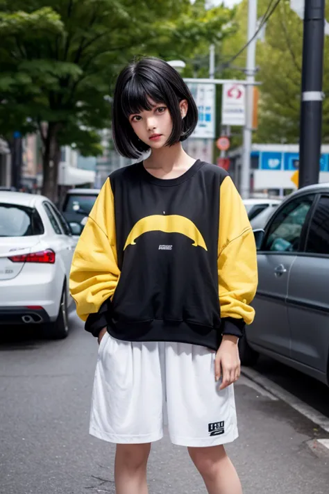  High Resolution,  boyish,   1 girl,  black hair, Sporty shortcuts,  Asymmetric Hairstyles ,  Asymmetrical bangs,   yellow eyes,  There are three circles in the middle of the eye,  Skater Style Street Fashion, slightly oversized bottoms, standing, futanari...