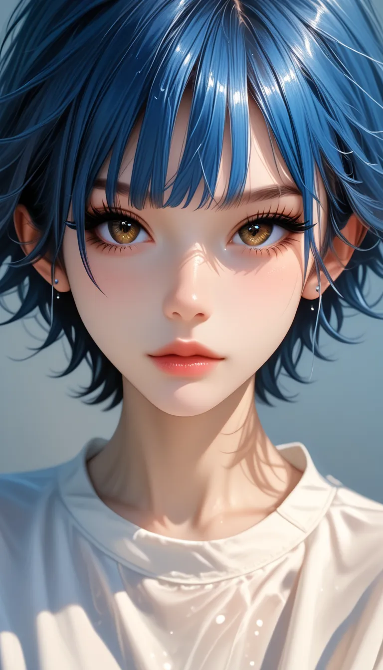 score_9, score_8_up, score_7_up, score_6_up, score_5_up, masterpiece, perfect anatomy human, anatomically correct, adult girl, adults, 1girl, (solo), cute, detailed eyes, ultra-detailed eyes, finest eyes, short hair, (tomboy), blue hair, brown eyes, bangs,...