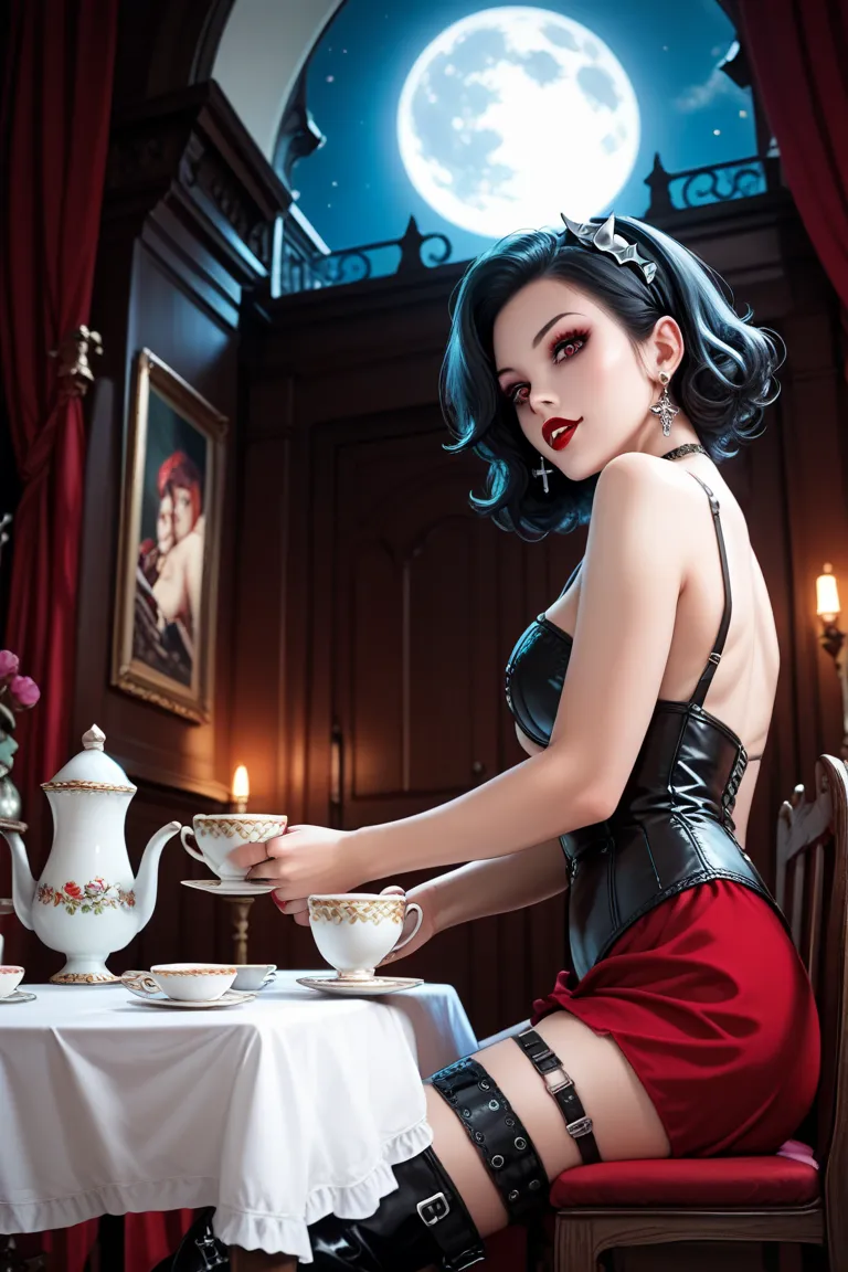 looking at viewer, perfect anatomy、Woman holding a teacup、from below ,from side ,Active Angle,Vampire woman at a tea party on a moonlit night, woman sitting cross-legged in a chair、, boots, moon 、Gothic 、hand,Table, teacups on the table,dramatic portrait、B...