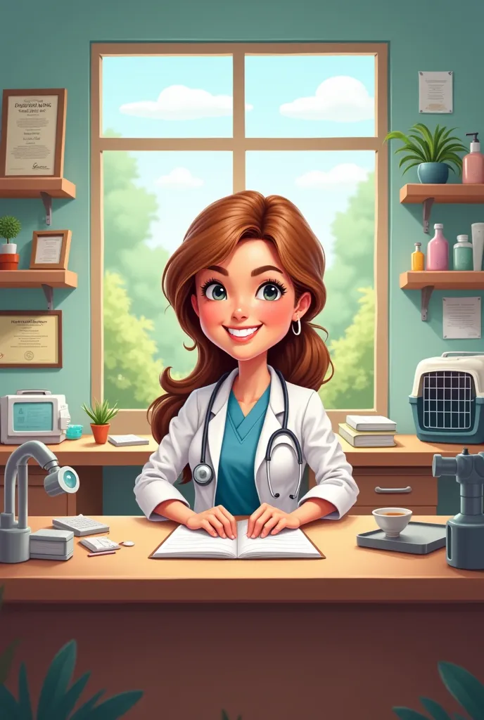 Cartoon of a veterinary doctor in her office sitting at a desk 