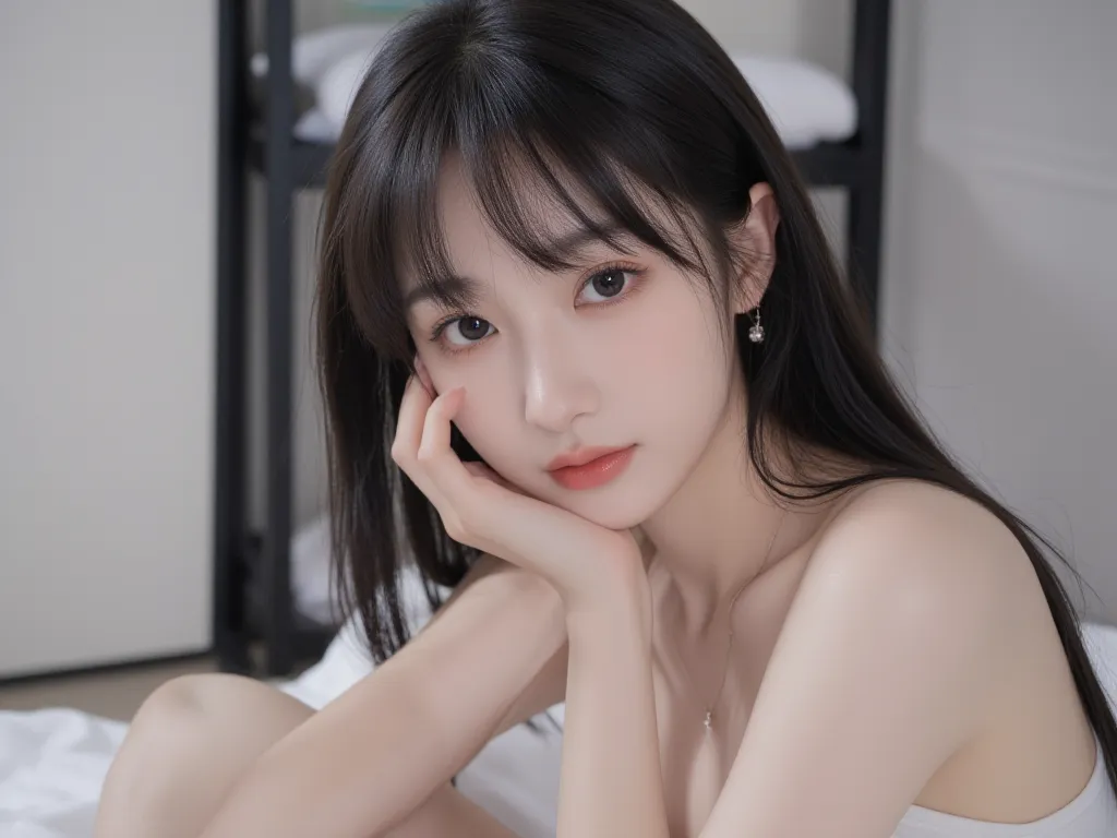 kpop girl, stunning, unique visual, dewy and milky skin, long black hair with bangs, pin straight hair, big doe eyes, slim figure, known as the hot member, adorable, realistic, 20 years old, celestial star, visual, glowy, soft, beautiful , stars, celestial...