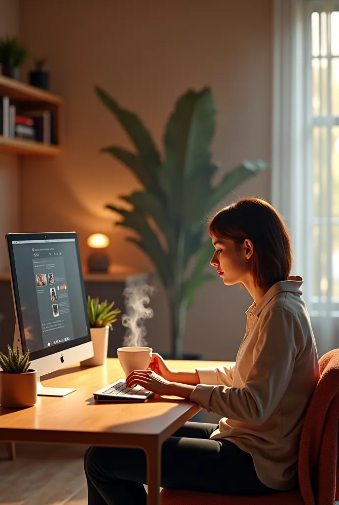 Make coffee at the table with a computer 