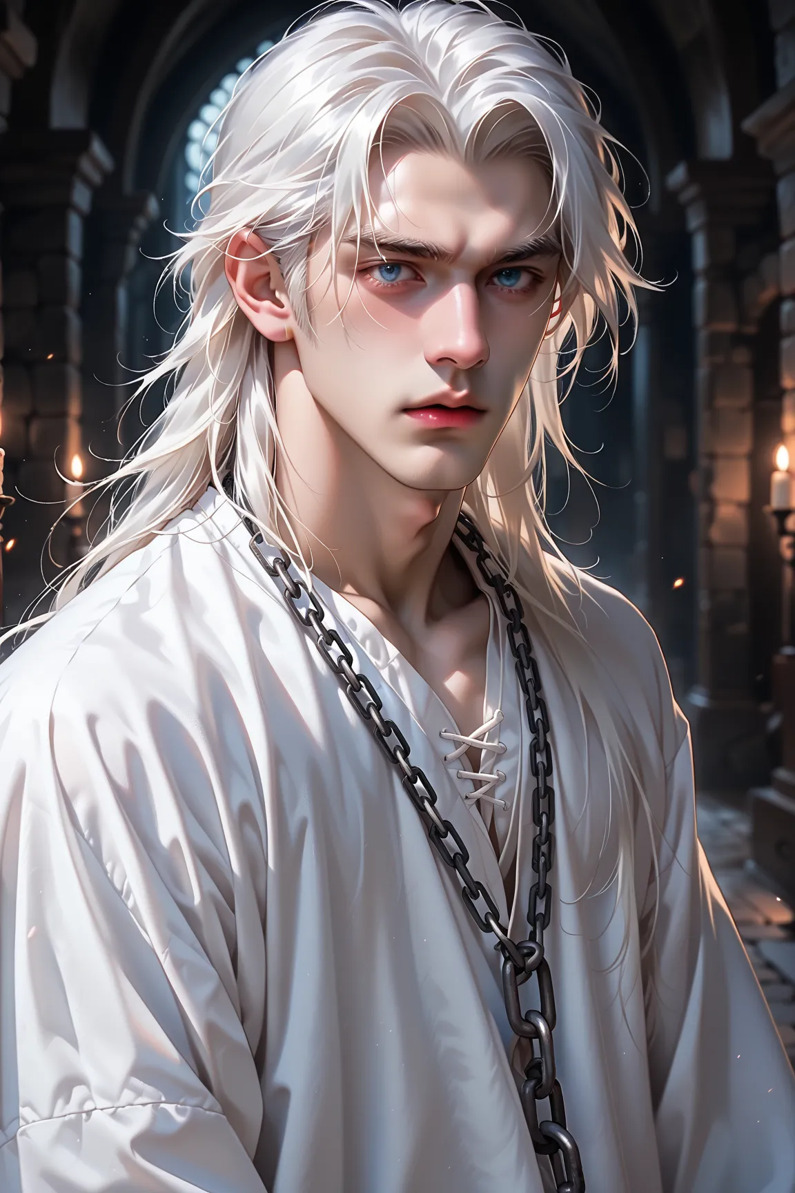 (((2D artwork image: 1.4))),(((a man:1.4)))blue eyes, long hair, white hair, prisoner clothes, in a dark cell, medieval world, tied with chains,afterlife lighting,darkness,dark cell,