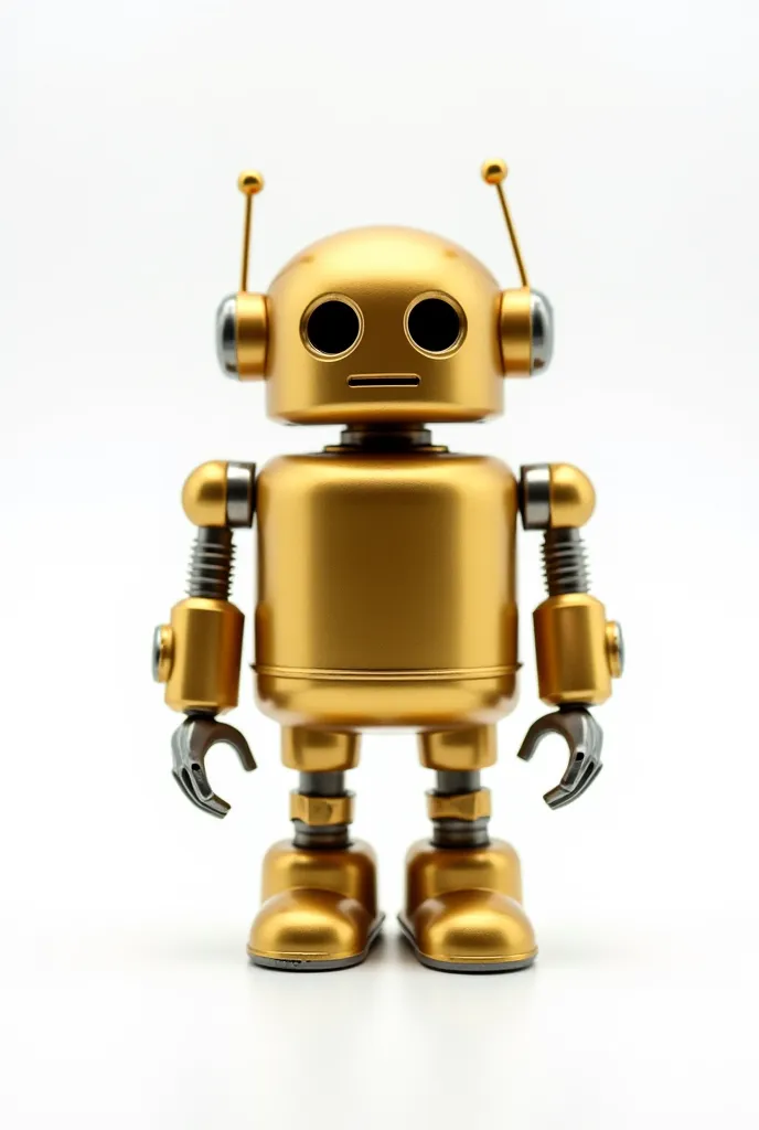 A golden robot figure, positioned on a white background, displays metallic details and an upright posture.

The composition of the image is simple and focused. The robot is centered in the image, taking up most of the space. The pure white background ensur...