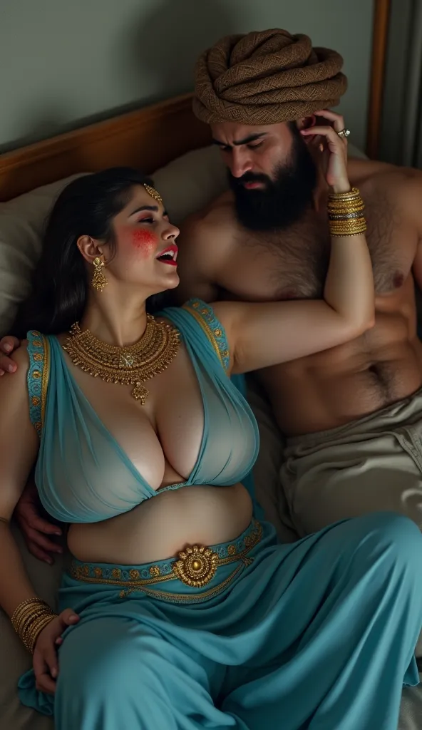 cute woman hourglass plus sized body shape freefaller on bed,wearing transparent blue sari,golden jewelries,cries louder in pain,applay sindoor at the beginning or completely along the parting-line of a woman's hair,masculer man,wearing salwar Taqiyah on h...