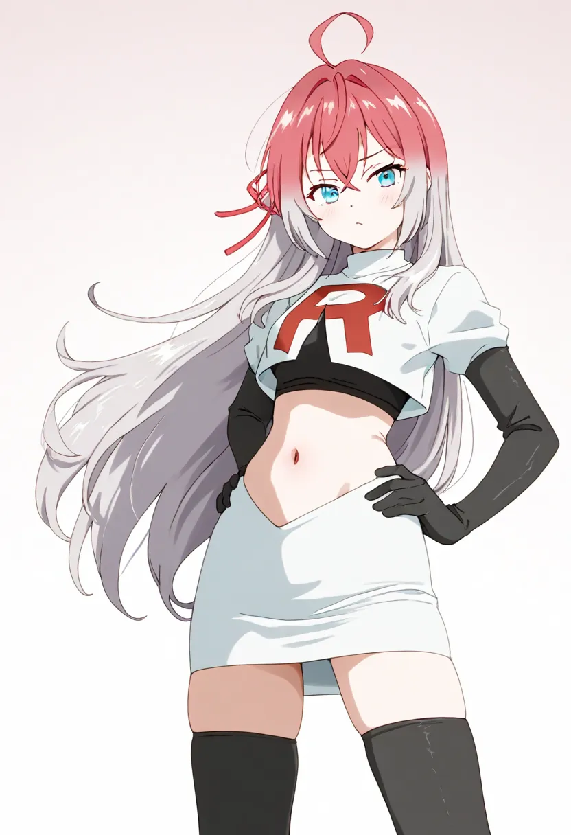 masterpiece, best quality, amazing quality,
1girl, solo, looking at viewer, gradient background, 
long hair, silver hair, ahoge, crossed bangs, red hair ribbon, sidelocks, blue eyes,
team rocket,team rocket uniform,white skirt,red letter R,crop top,black t...