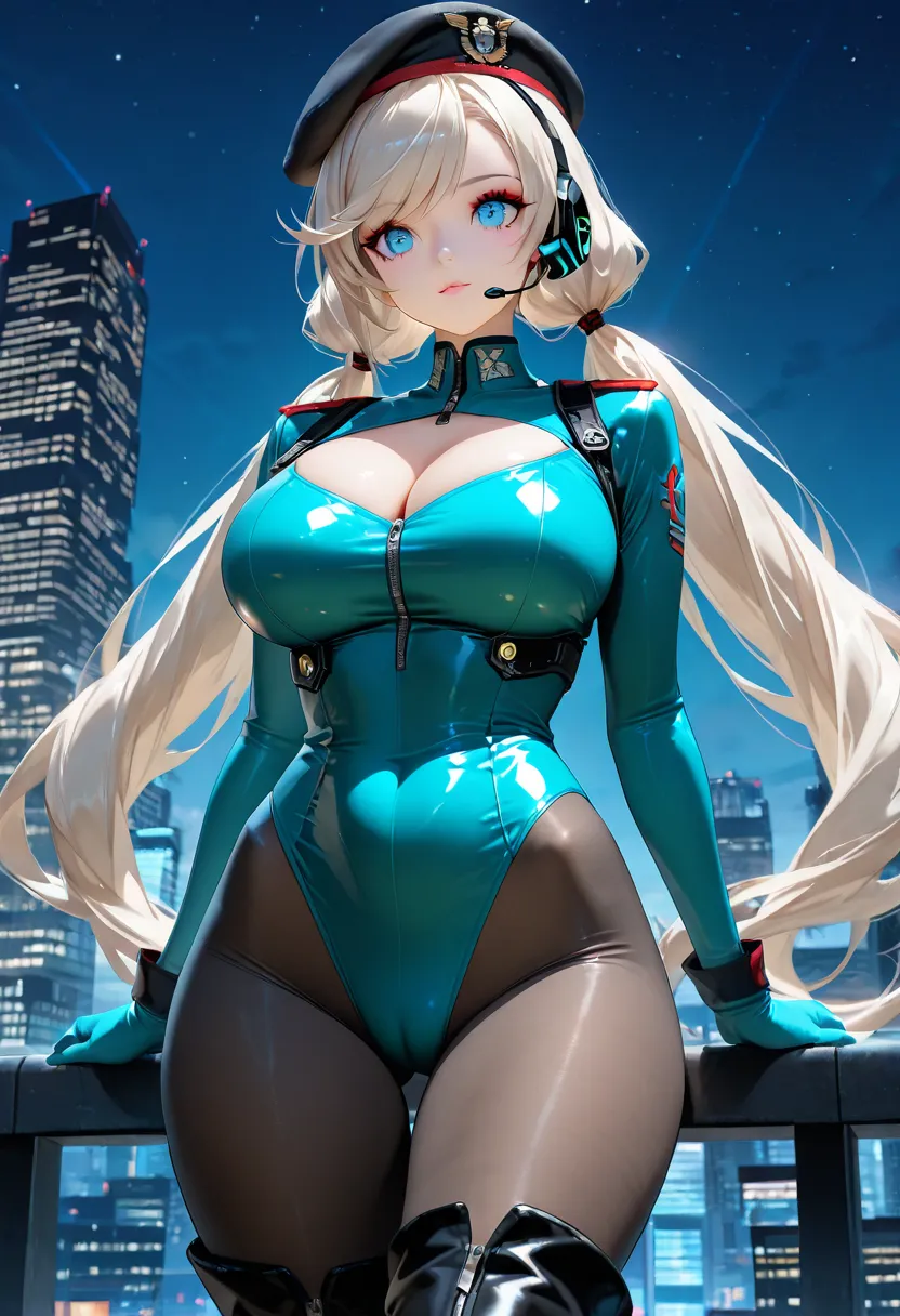 solo,1girl,((cyber princess)),((Tight fit that bites into your skin)),((tight size black stockings Zentai Bodysuit: 1.5)),((white tight size high leg leotard)),((cyber communication headset)),((military beret)),((Over-the-thigh boots)),((black pantyhose)),...