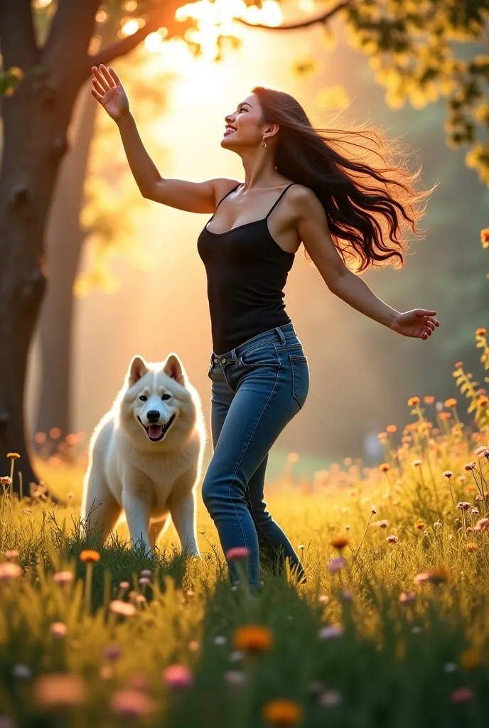 A realistic scene where the size of living creatures is reversed. A beautiful Japanese woman with long, wavy black hair, curvy body, sexy,  is wearing a black singlet and blue jeans. She is dancing joyfully in an environment where the trees, grass, and flo...