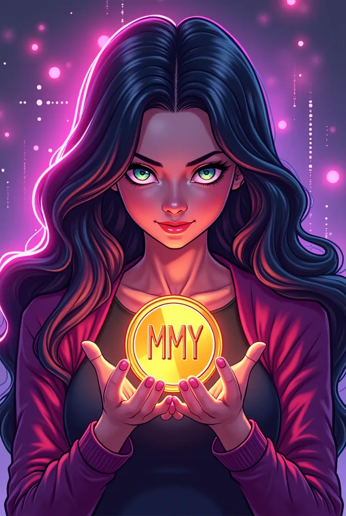 A futuristic, high-detail digital illustration of a powerful and caring mother figure, blending a meme-worthy aesthetic with crypto culture. She has a glowing, cyberpunk-style aura with shades of neon pink and purple, symbolizing strength and community. He...