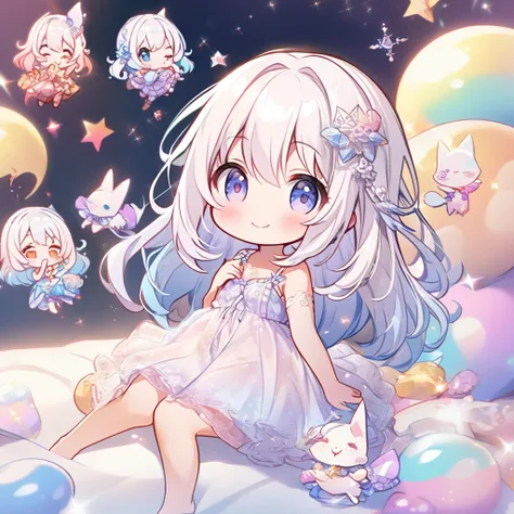 masterpiece, best quality, 4k、((2D illustration))、one beautiful girl、(((chibi style)))、solo、((cute chibi)), ((lens flare))、((sea of light)), ((white light)), ((colorful))、((warm colors))、((long, waist-length hair)), glossy light white hair, (gradient hair ...