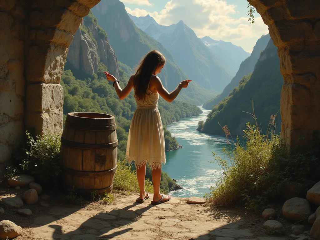 creates a Garavaggio-style painting of a young girl of approximately 19 years of age , in full action in a rock fortress ,with an old wheel barrel ,with their torn and dirty dresses , near a window where you can see a river and mountain ,Shooting into the ...