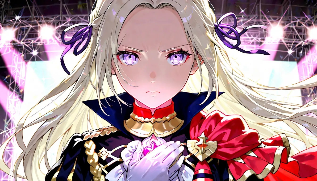 edelgard_Fire Emblem, edelgard von hresvelg, 1girl, solo, long hai, half closed eyes, serious, lowered eyebrows, blonde hair, close outh, purple eyes,  hair ribbon, White idol clothes, Clothes with ribbon on the chest, hands on own chest, stage, Light purp...