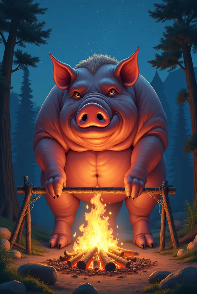 Giant pig on a stick being cooked on a campfire, anime style 