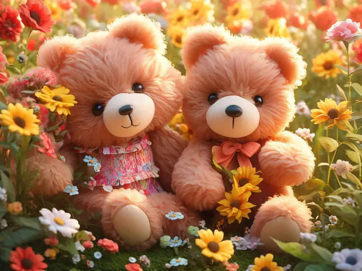  cute teddy bear 、 high quality plush toy 、 Detailed fur texture 、cute bear face 、 big black eyes、 small nose、Soft and fluffy、 sitting in a field of flowers 、Warm lighting、photorealistic、（Top Quality、4K、8k、High Resolution、masterpiece：1.2）、Super Detail、（rea...