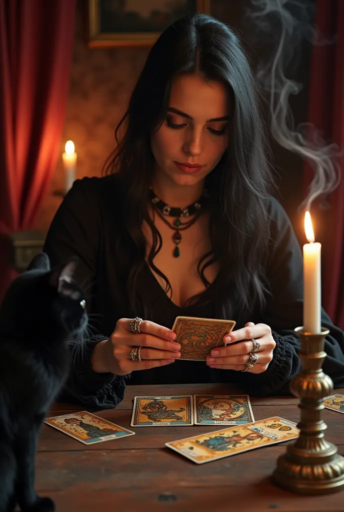 An enigmatic woman reading tarot cards in a classic and detailed setting. She sits at an old wooden table, surrounded by heavy curtains and illuminated by the soft glow of lit candles. Her hands, adorned with jewelry and rings, hold the cards with mystery,...