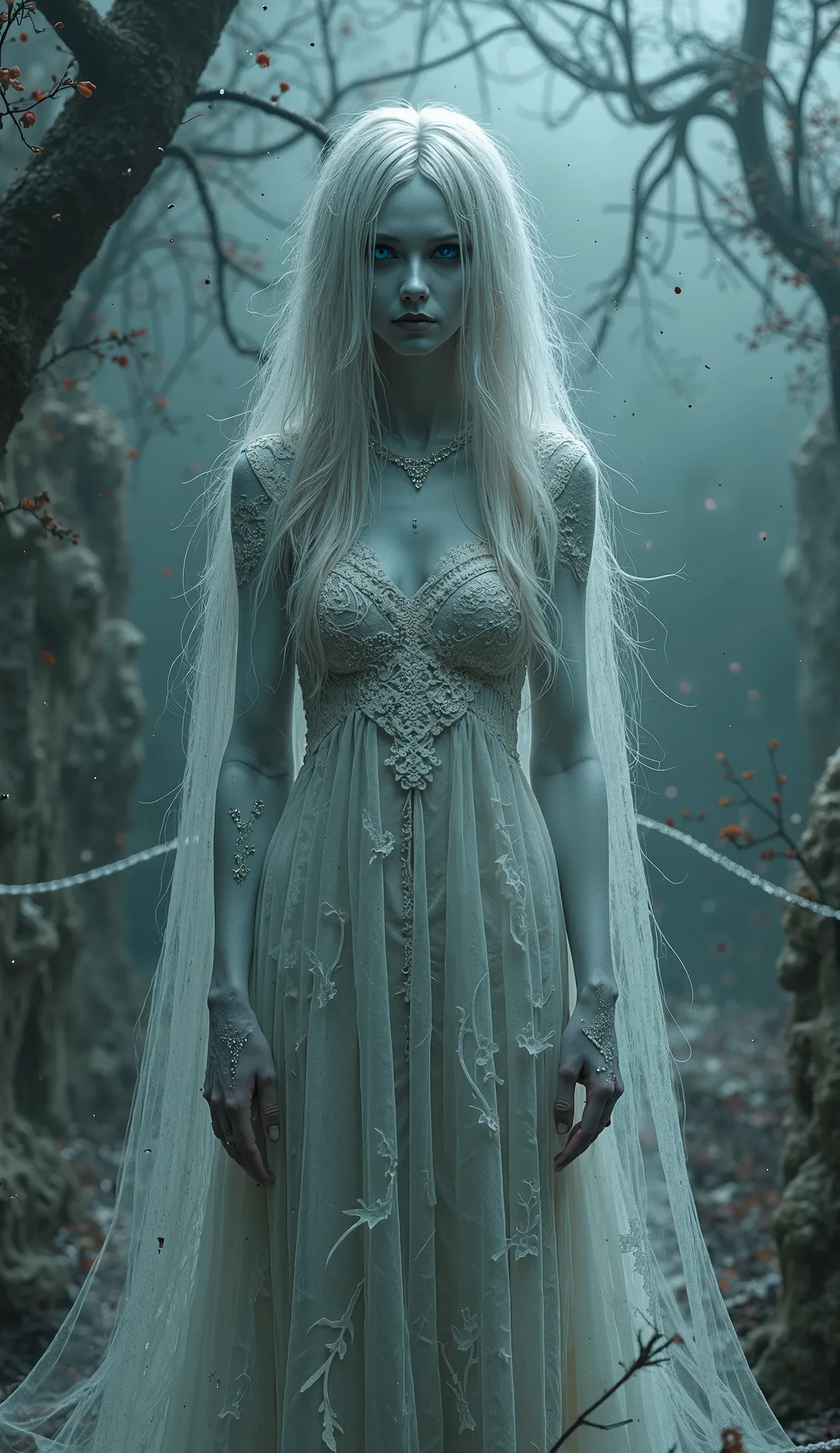 Create a highly detailed and atmospheric image in the style of H.R. Giger, infused with elements reminiscent of Clive Barker's "Hellraiser." The central figure is a ghostly specter, a hauntingly beautiful apparition that embodies both sorrow and allure. Sh...