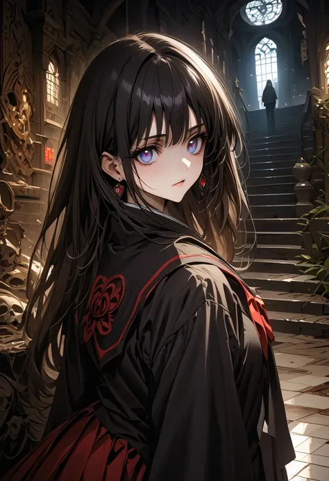 Ultra detailed, HDR, Highres, absurdres, master piece, beautiful young woman, with long black hair,bangs, indigo eyes, wearing anaval-styled Japanese school uniform: red mini-skirt with pleats and ruffles at the hem, and a white and black top with a black ...