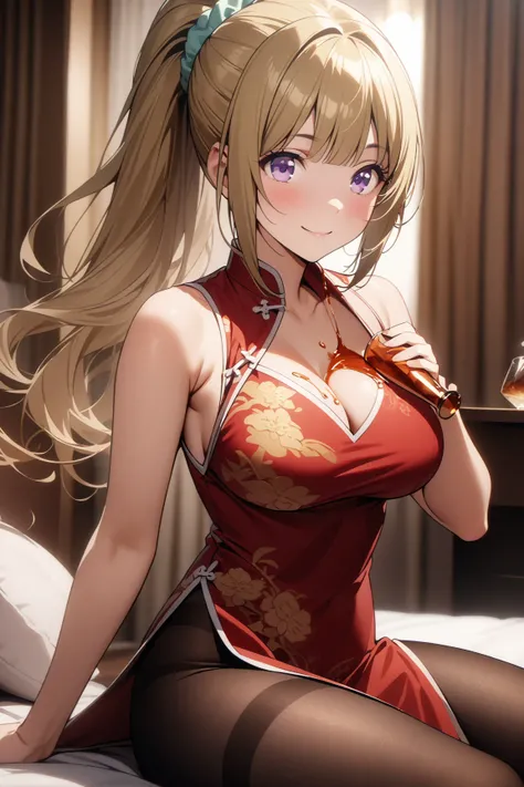 kei karuizawa, a girl with long hair, bangs, blunt bangs, purple eyes, blonde hair, hair ornament, ponytail, scrunchie,large breasts, alone in a hotel room at night iyokozuwari. She’s china dress, pantyhose in red underwear,pouring lotion into her cleavage...