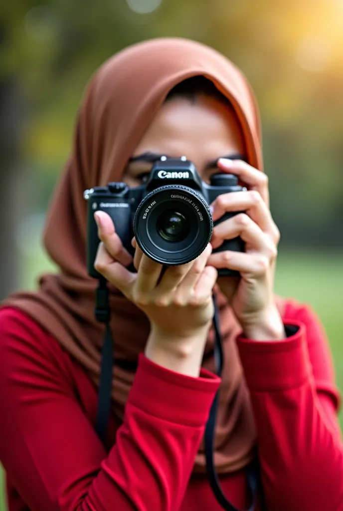 

"A realistic portrait of a young woman wearing a hijab, holding a camera up to her face, hiding her full face and eyes as she clicks a picture. She is dressed casually in a red outfit. The background is softly blurred, giving a natural and aesthetic feel...