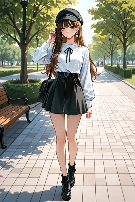 Tomboyish girl with black skirt, white shirt and black and white hat, brunette, medium-lengh, earrings, standing in a park with some trees and a rock road. 