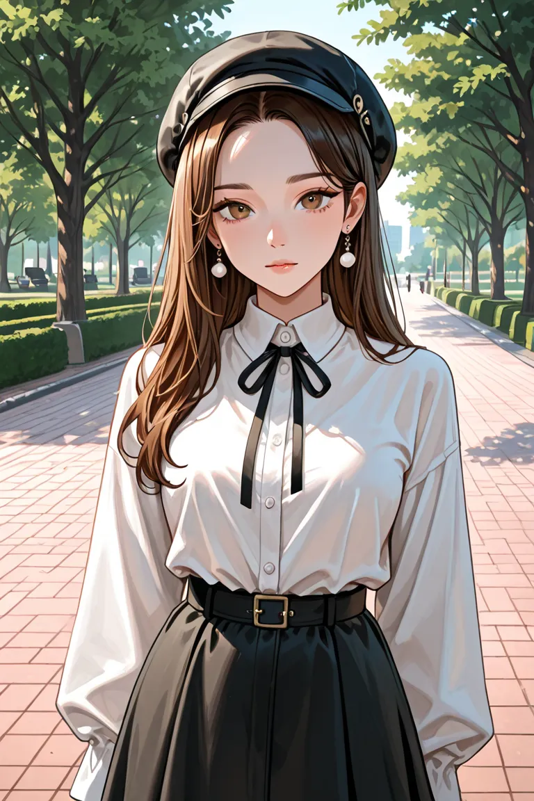 Tomboyish girl with black skirt, white shirt and black and white hat, brunette, medium-lengh, earrings, standing in a park with some trees and a rock road. 