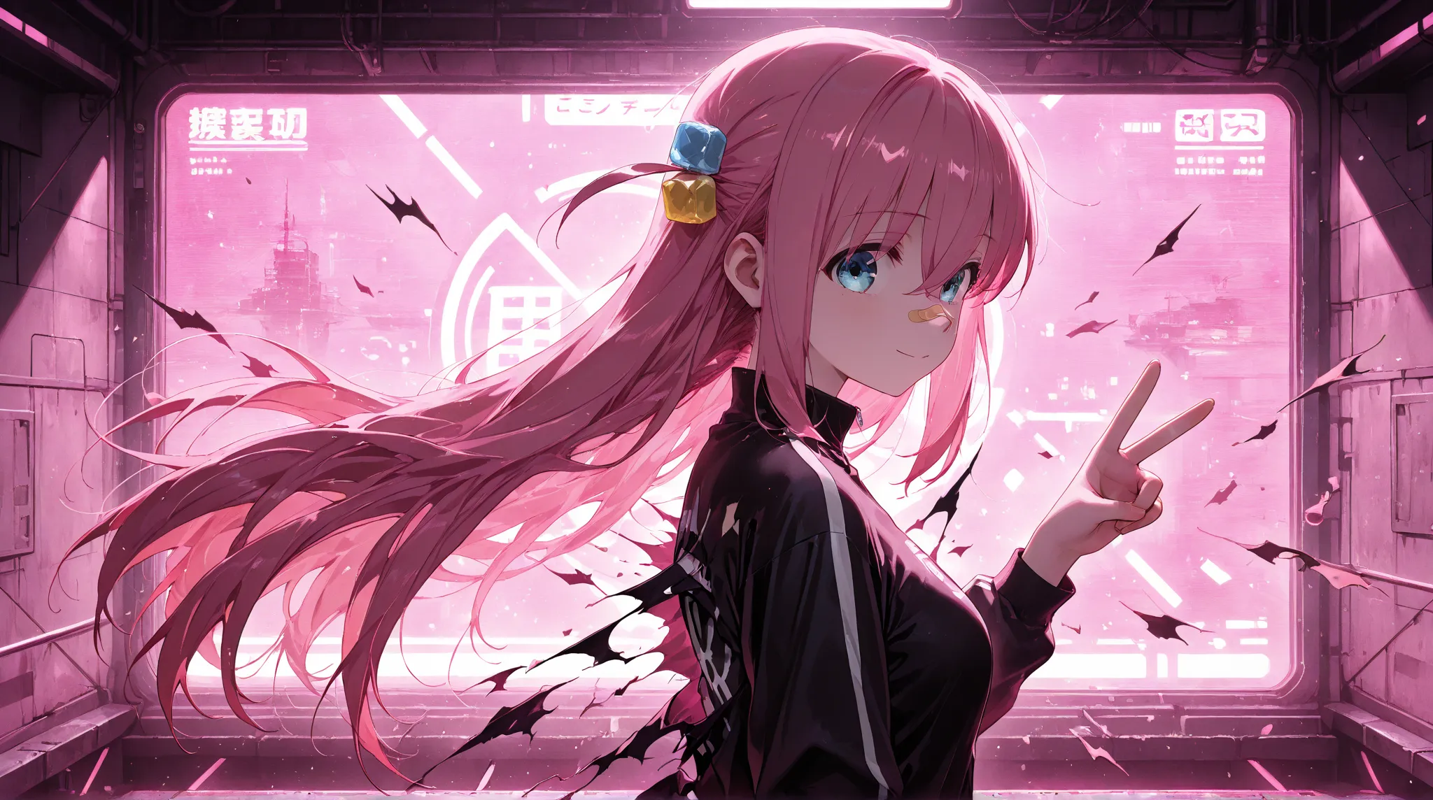 masterpiece, best quality, amazing quality, 1girl, gotoh hitori, bocchi the rock!, from side, smiling, expressionless, :), bandaid on nose, looking to the side, pink light, ambient studio lighting, cyberpunk bridge, bridge background, shiny skin, (anime sc...