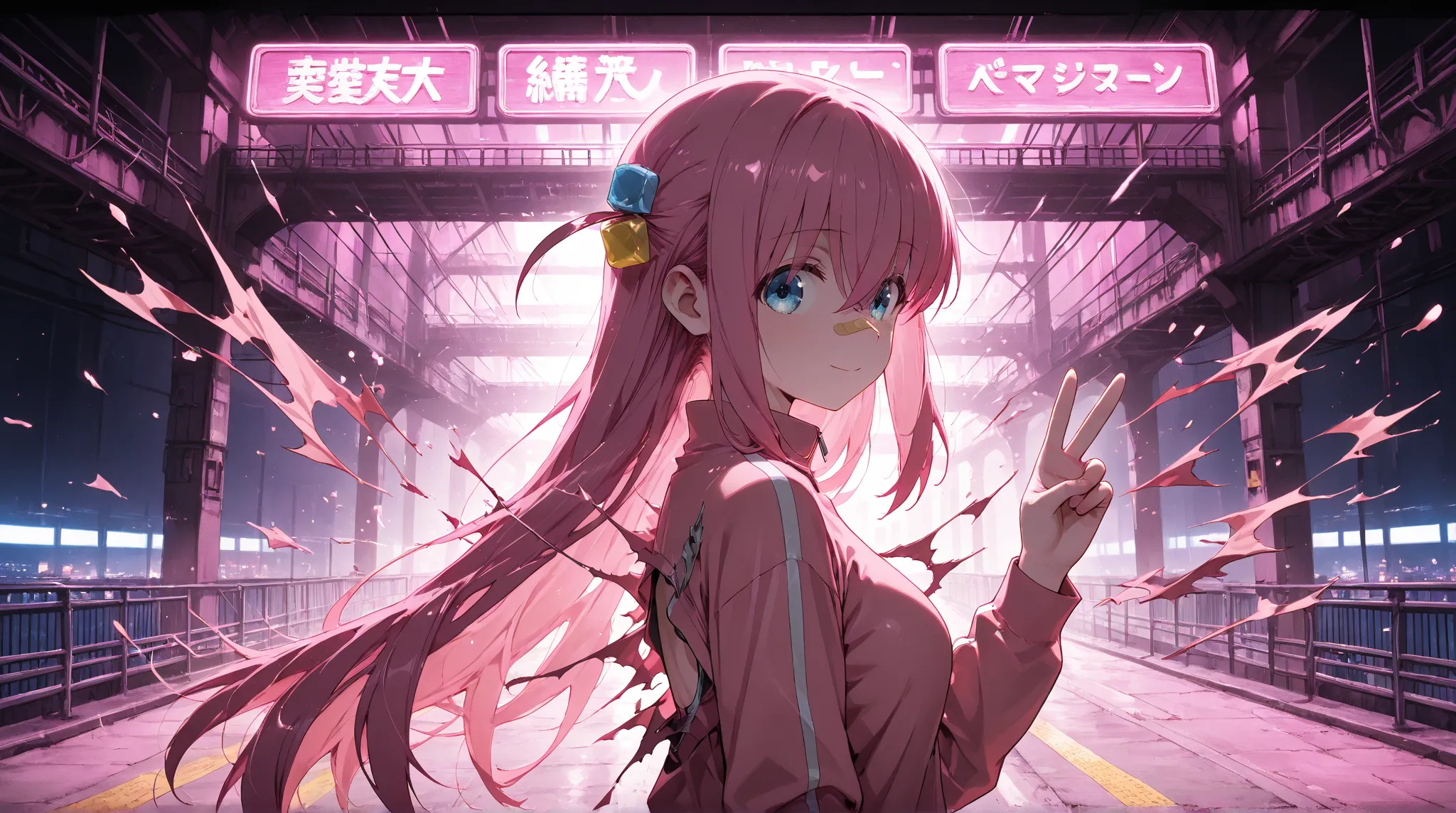 masterpiece, best quality, amazing quality, 1girl, gotoh hitori, bocchi the rock!, from side, smiling, expressionless, :), bandaid on nose, looking to the side, pink light, ambient studio lighting, cyberpunk bridge, bridge background, shiny skin, (anime sc...