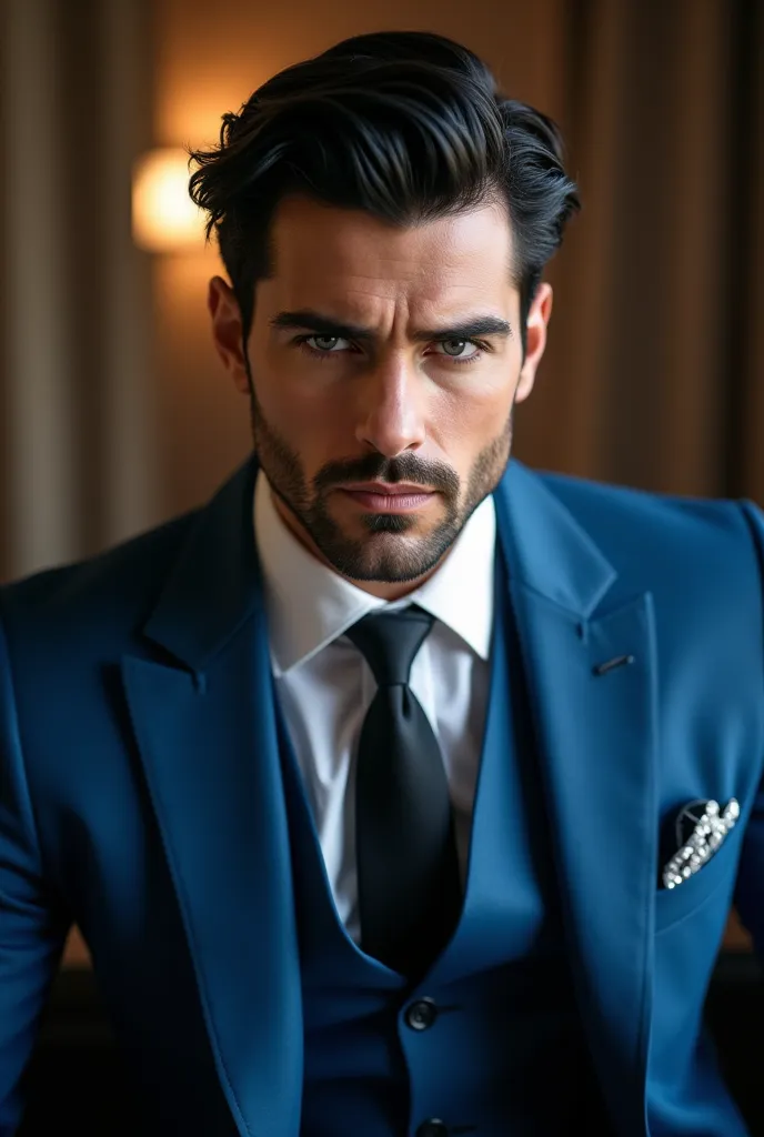 Handsome man with black hair and gray eyes, sexy expensive blue suit and seductive sexy look 