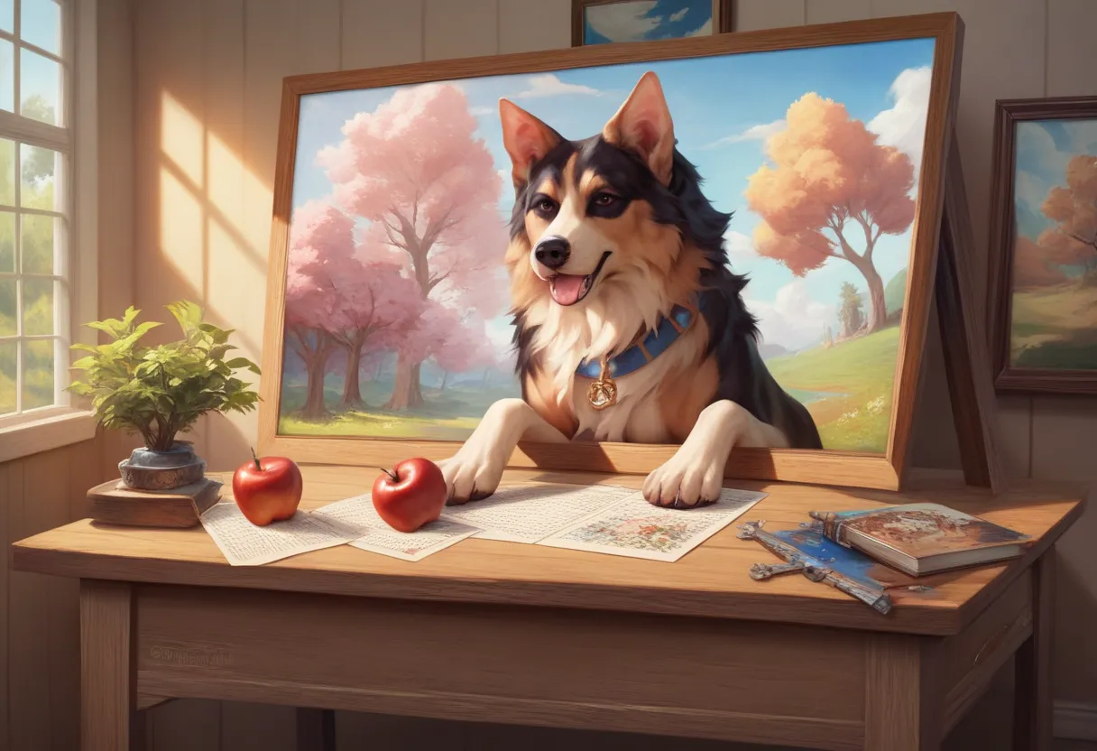 there is a  puzzle piece with a picture of Two dogs and an apple,  puzzle art, Two dogs,  puzzle, Tree Prints , a jigsaw  puzzle,  on wooden table ,  on a wooden desk, realistic style, Realistic painting, High Quality Portraits, Large portrait, ultra Reali...