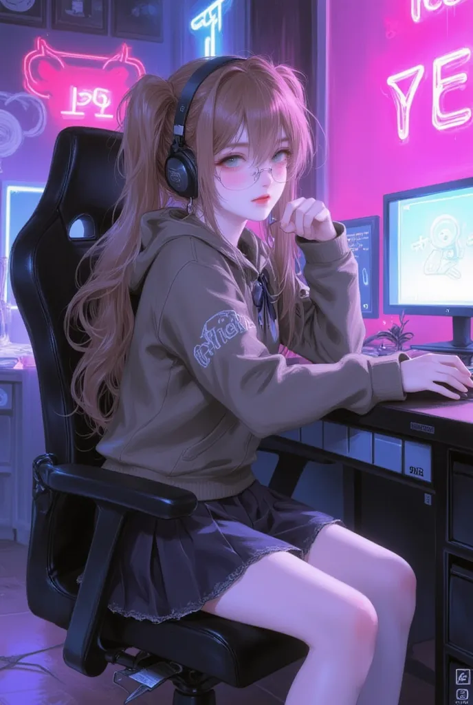  ,1The girl ,   Little Woman, Molding   , body proportions, , , , Black eye color with tight grip.,  , Yellow-white skin     , Long, light brown hair ,  twintel hairstyle ,   smiley face,  Gaming Headset,  wearing a long-sleeved hoodie,  ,   Round pleated ...