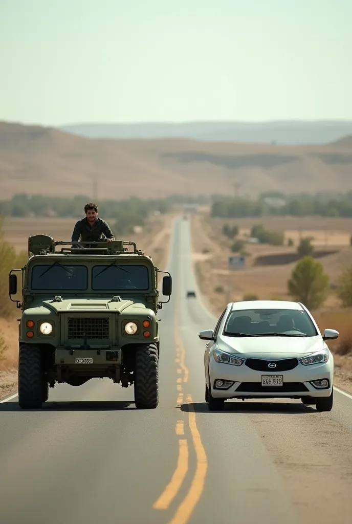 A typical Israeli military combat vehicle army green is side by side with a typical Palestinian white sedan going in the opposite direction, typical Palestinian background of barren land and hills, very realistic, finest details, very natural, cinematic, i...