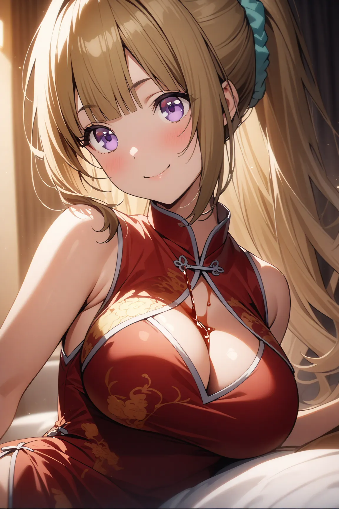 kei karuizawa, a girl with long hair, bangs, blunt bangs, purple eyes, blonde hair, hair ornament, ponytail, scrunchie,large breasts, alone in a hotel room at night iyokozuwari. She’s  china dress, and red underwear,pouring lotion into her cleavage

,with ...