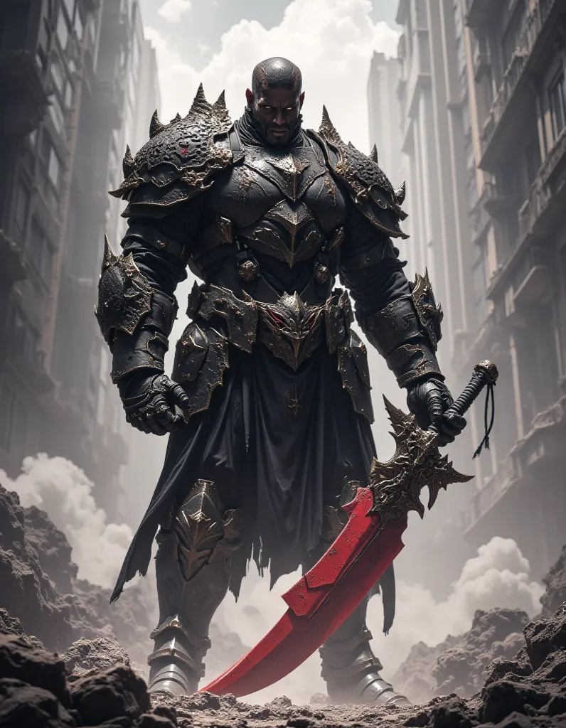 A man in black armor, a big red sword,  black sweatshirt , visible armour arms, long black pants rolled up sleeves, legs in visible armor, In destroyed city