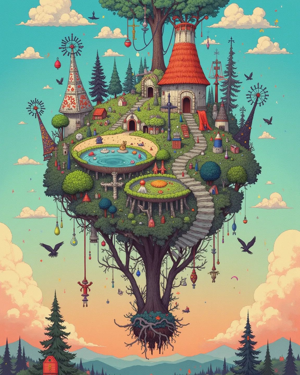 Floating island , Connected cities,  crossing of branches ,  Compa, windmill, Calm Sky, Flock of birds, sunset,  dreamy ,  fairy tale