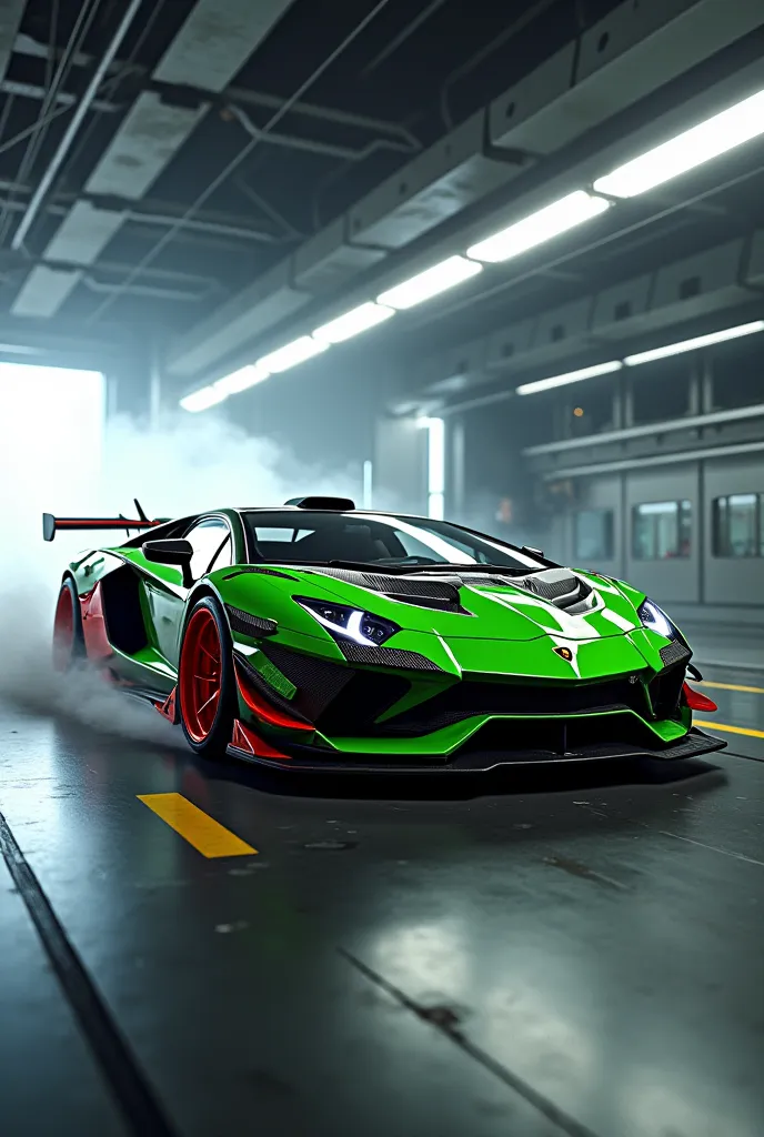 Realistic photo, Lamborghini Aventador ,  aggressive body kit , dark grey and bright green , Wheels in bright red,  drifting ,  futuristic garage 