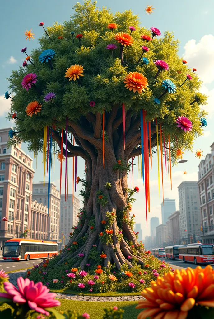 A super colorful realistic tree with colorful leaves, colorful strips of fabric hanging from it, with fabric flowers and buses behind it, there is a city. 