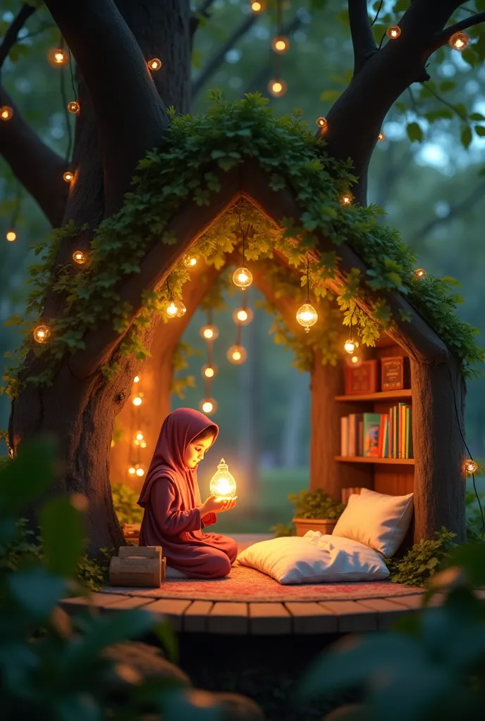 A magical treehouse with a single cozy room, nestled among lush green leaves. Inside, a soft and cute bed sits near a wooden book rack filled with colorful books. The room glows with the warm light of a beautiful Ramadan lamp, casting a peaceful ambiance. ...