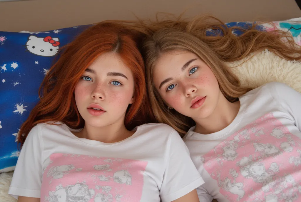  Two girl's staring at the viewer with open mouths, (extreme photorealistic skin details with freckles and moles on the skin and translucent veins and veins on the body:1.5),  You lie in a modern and cozy bedroom with a blue sky. The focus is on the cleava...