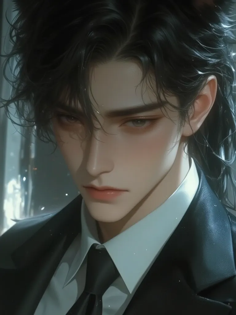 man. Wolf ears overhead, A handsome 25-year-old Korean man in a suit , Long hair tied together. black eyes.top quality,  blur background, good-looking, tired,  long hair.