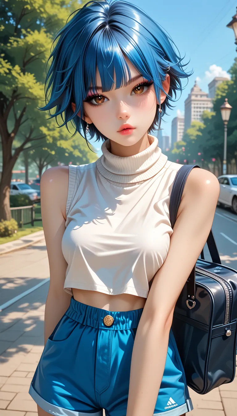 score_9, score_8_up, score_7_up, score_6_up, score_5_up, masterpiece, perfect anatomy human, anatomically correct, adult girl, adults, 1girl, (solo), cute, detailed eyes, ultra-detailed eyes, finest eyes, short hair, (tomboy), blue hair, brown eyes, bangs,...