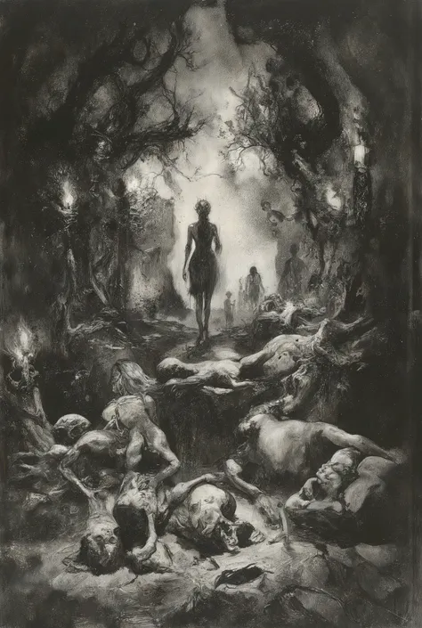 A hellish tableau unfolds on the ravaged battlefield of Armageddon: an alluring demoness saunters amidst the scattered s. Twisted trees and skeletal remains stretch towards the darkened sky like grasping bony fingers. Torches cast eerie shadows, plunging t...