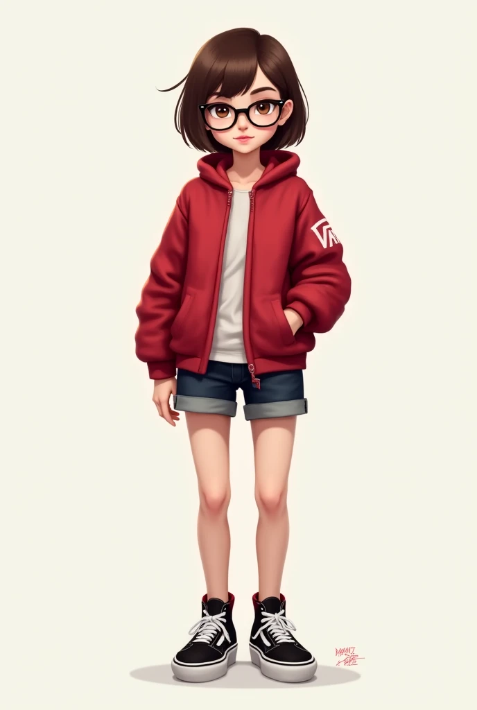 
short hair (up to the shoulder) fringe, brown eyes, white, shorty, a crimson red jacket, short short,  sneakers: Vans Knu school and glasses

