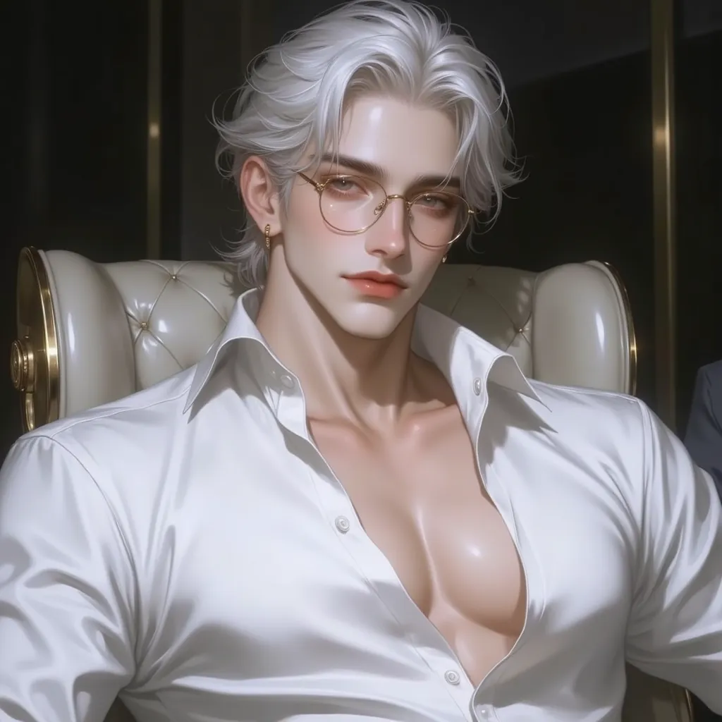  man, 1 person, 33 years old  ,, the luxurious white shirt turns out, Reveals Clear Abdominal Muscles., Nested White Hair, Wearing gold-framed glasses,  Golden Eyed, Sly smiling face, White luxury office background at night, white shadows,  casting, Slight...