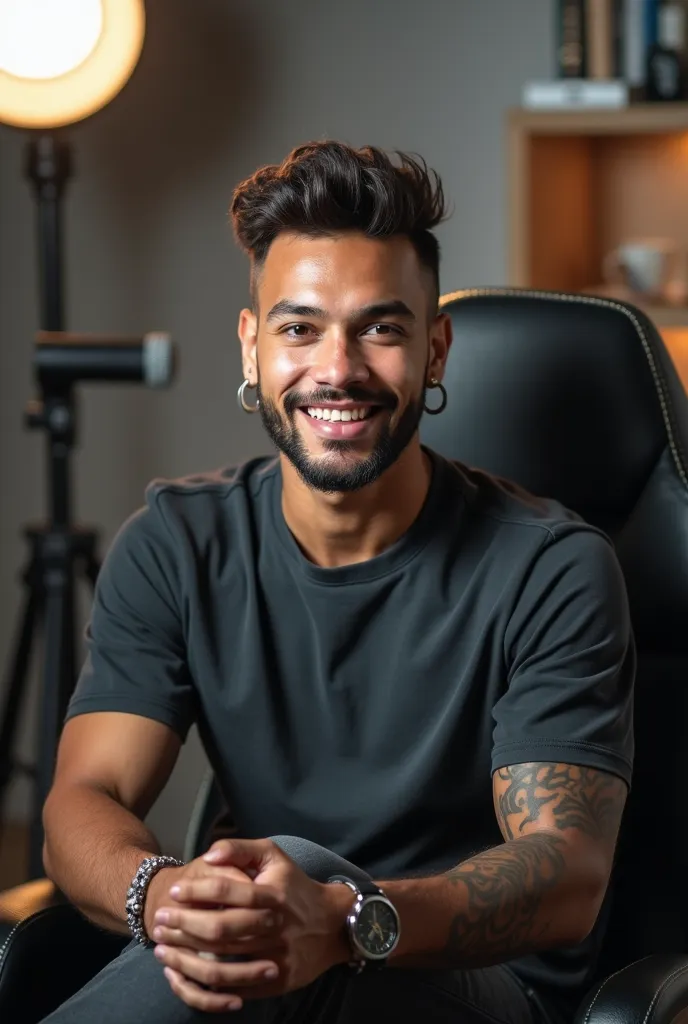 "A young man resembling Neymar is sitting in a chair, looking directly at the camera as if he is recording a video. He has short, well-styled hair, a neatly trimmed beard, and wears modern earrings. He is dressed in a casual yet stylish outfit, such as a f...