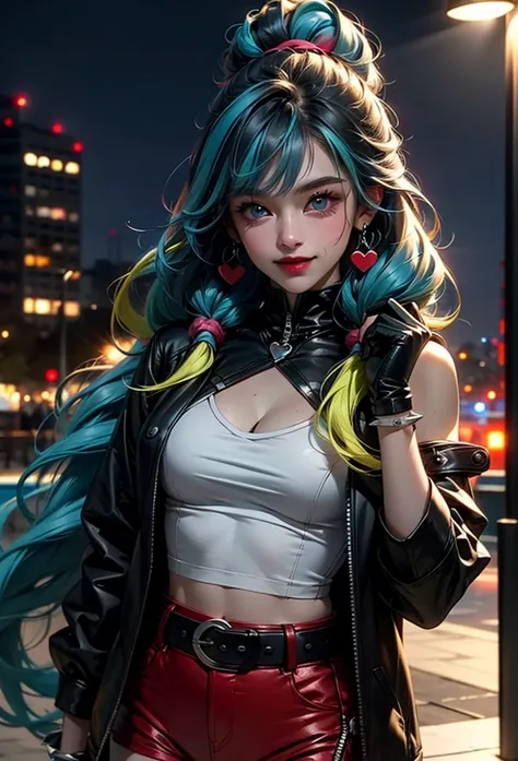 masterpiece, best quality, solo, 1girl, isekaiquinn, makeup, heart facial mark, grin, looking at viewer, hand on own hip, streaked hair, blonde hair, blue hair, twintails, blue eyes, v-shaped eyebrows, multicolored clothes, multicolored jacket, black jacke...