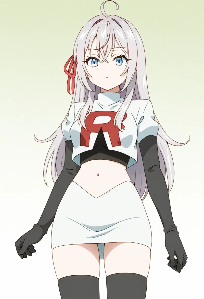 masterpiece, best quality, amazing quality,
1girl, solo, looking at viewer, gradient background, 
long hair, silver hair, ahoge, crossed bangs, red hair ribbon, sidelocks, blue eyes,
team rocket,team rocket uniform,white skirt,red letter R,crop top,black t...