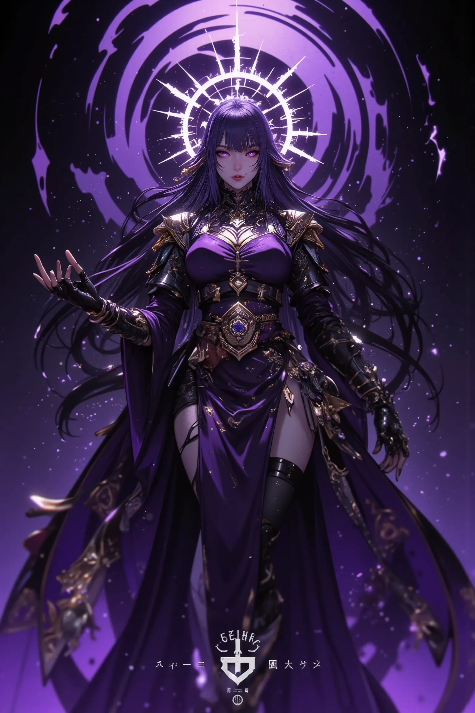 beidou (genshin impact)with dark purple hair and purple glowing eyes, cool, purple dark matter behind her, ((very dark background))
